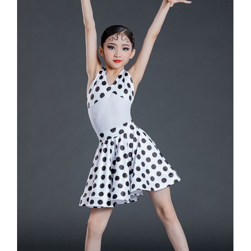 White with black polka dot latin dance dress for kids girls halter neck latin dance costumes ballroom salsa modern dance outfits for children